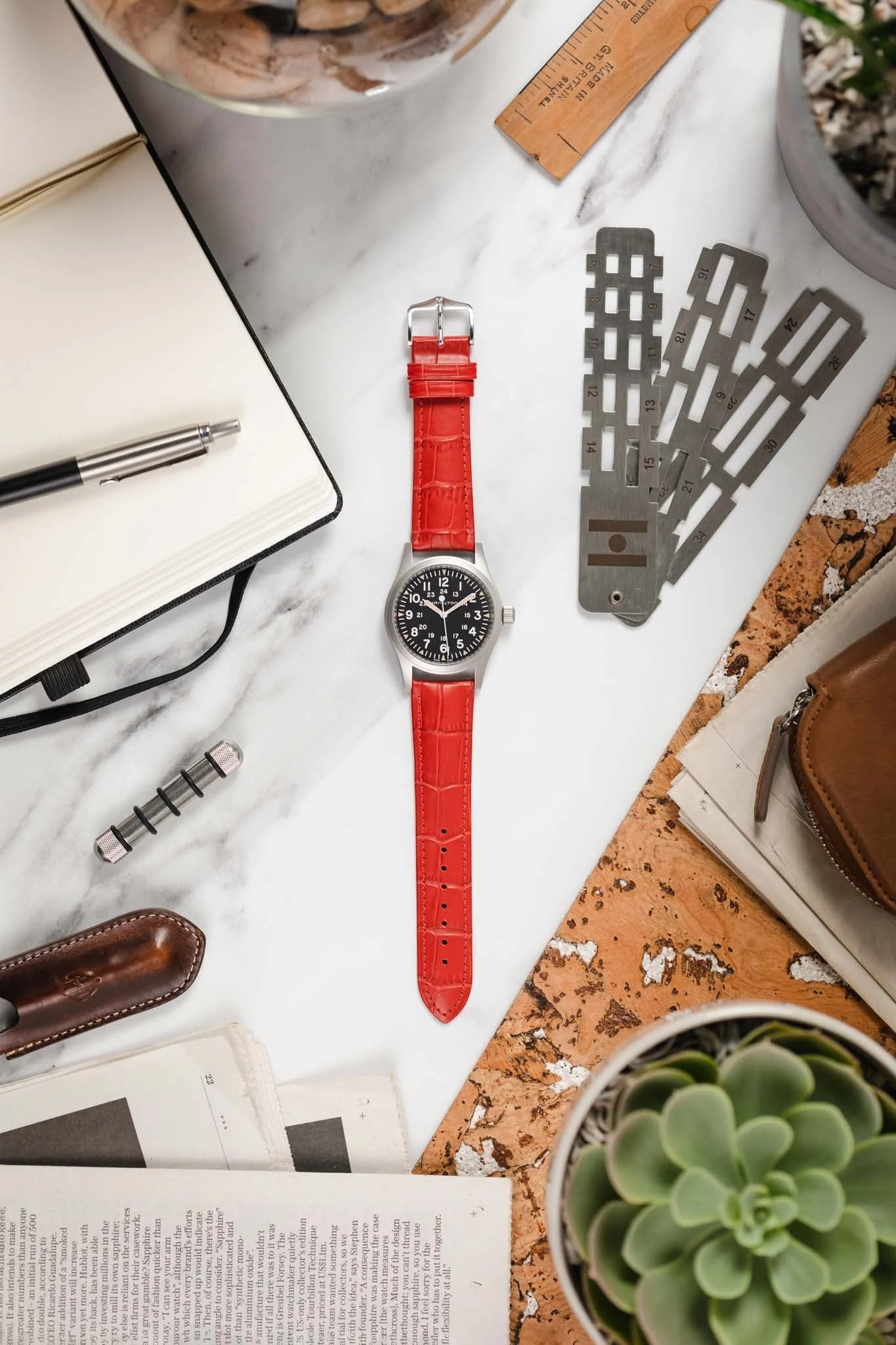 Hirsch DUKE Alligator Embossed Leather Watch Strap in RED - Image 6