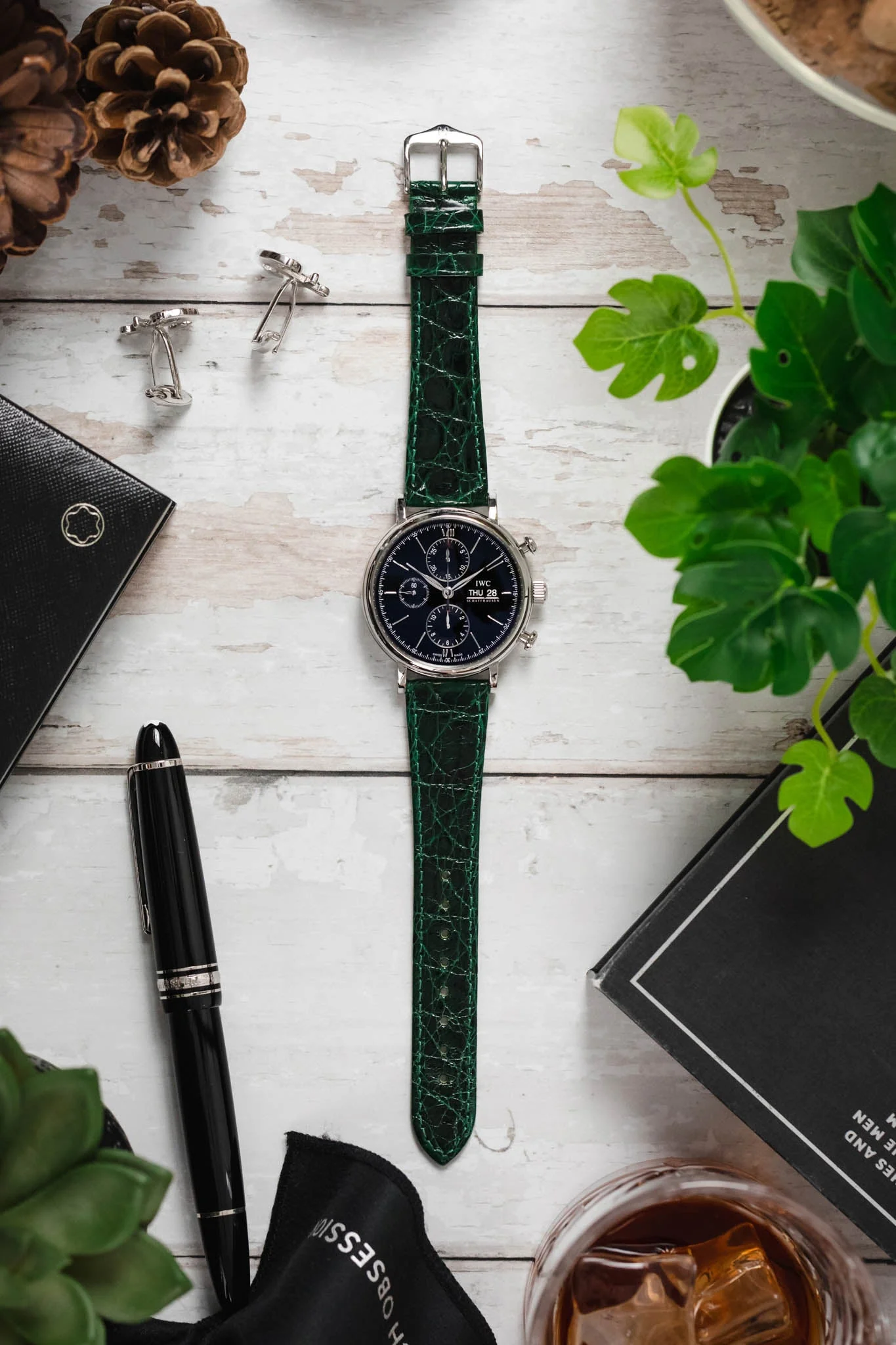 Hirsch GENUINE CROCO Shiny Crocodile Leather Watch Strap in GREEN - Image 6