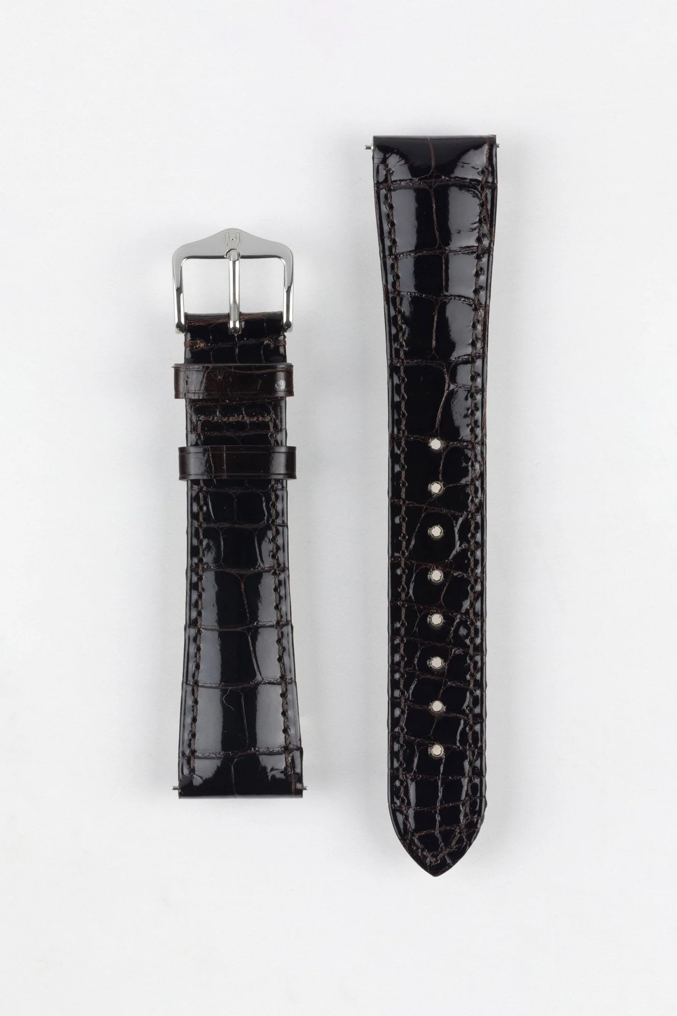 Hirsch LONDON Shiny Alligator Leather Watch Strap in BROWN