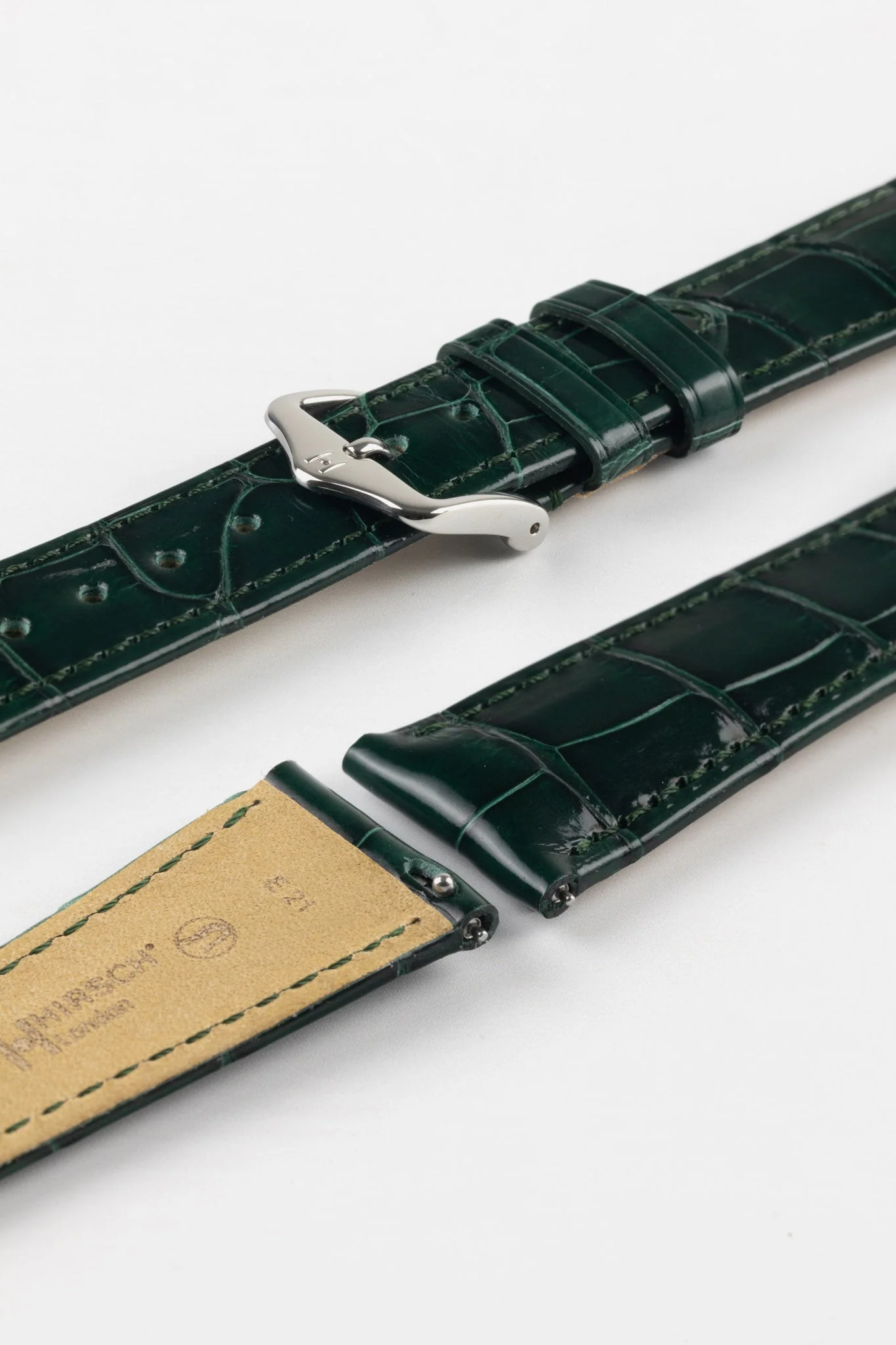 Hirsch LONDON Shiny Alligator Leather Watch Strap in DARK GREEN - Image 7