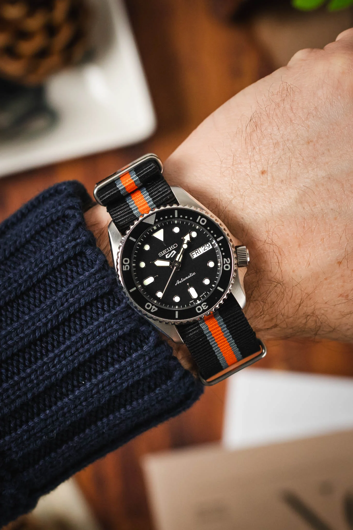 Nylon Watch Strap in BLACK/GREY/ORANGE with Polished Buckle and Keepers - Image 2