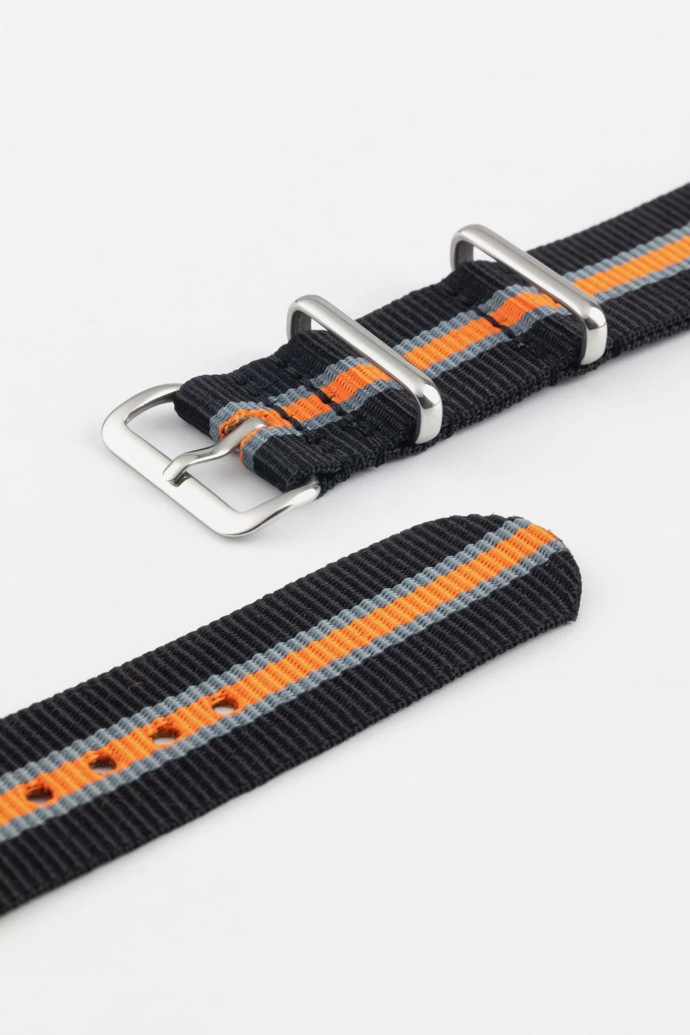 Nylon Watch Strap in BLACK/GREY/ORANGE with Polished Buckle and Keepers - Image 5