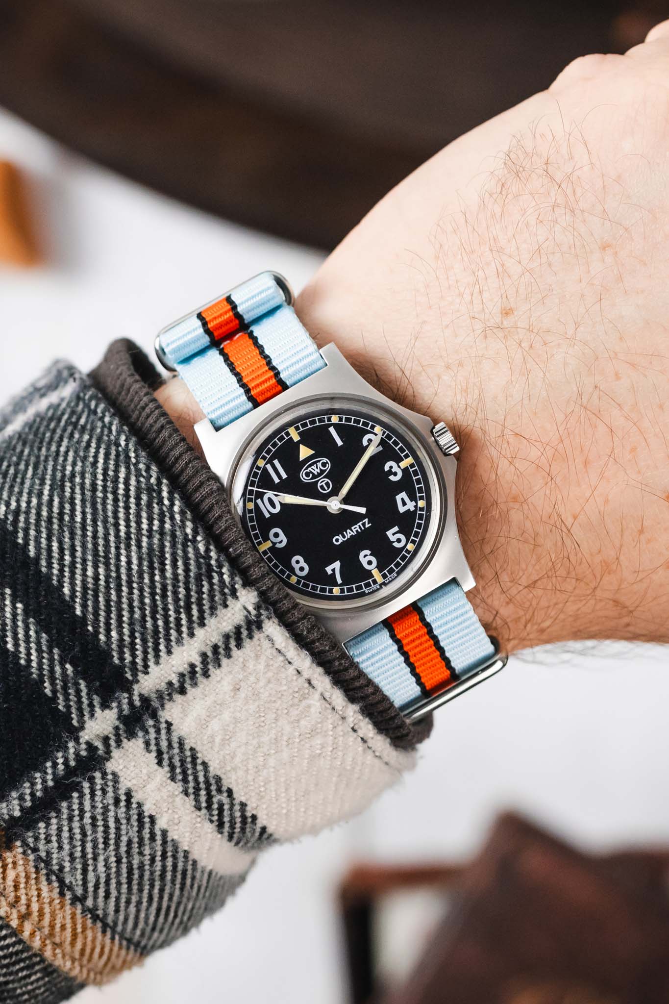 Nylon Watch Strap in PALE BLUE / ORANGE Motorsport Stripes with Polished Buckle & Keepers - Image 2