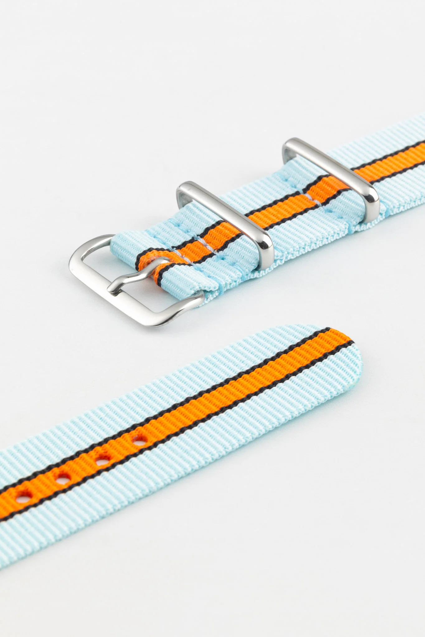 Nylon Watch Strap in PALE BLUE / ORANGE Motorsport Stripes with Polished Buckle & Keepers - Image 5